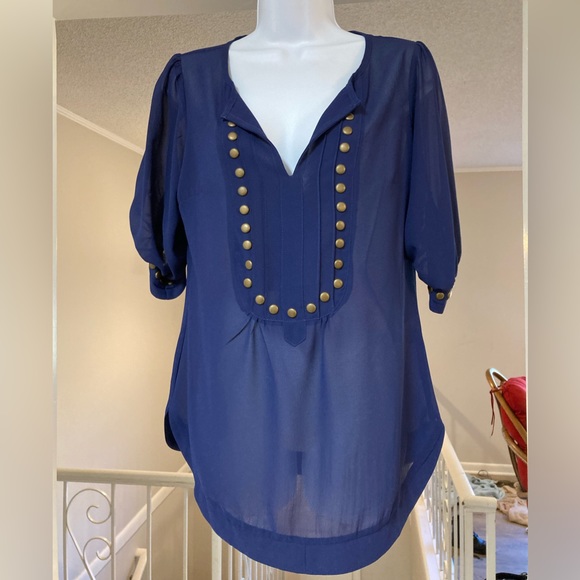 Sheer Navy Blouse w/ Gold Button Accents - Picture 2 of 7